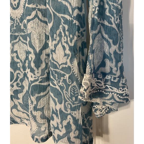 Chico's Blue Floral Longsleeve Semi Sheer Silk Embroidered Boho Peasant Top 2 - Picture 8 of 11